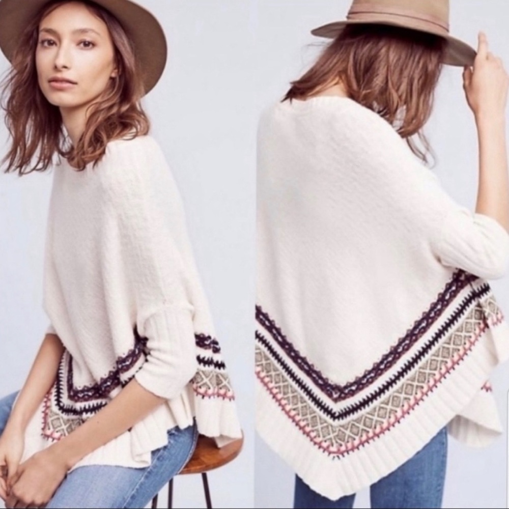 Anthropologie Sleeping on Snow White Embroidered Poncho